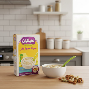 «سرلاک چهار مغز، غذای سالم و مقوی برای کودکان از ۶ ماه به بالا و بزرگسالان، سرشار از انرژی و ویتامینها.»