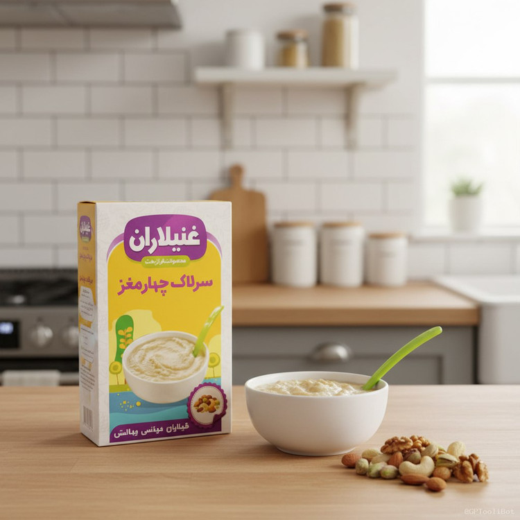 «سرلاک چهار مغز، غذای سالم و مقوی برای کودکان از ۶ ماه به بالا و بزرگسالان، سرشار از انرژی و ویتامینها.»