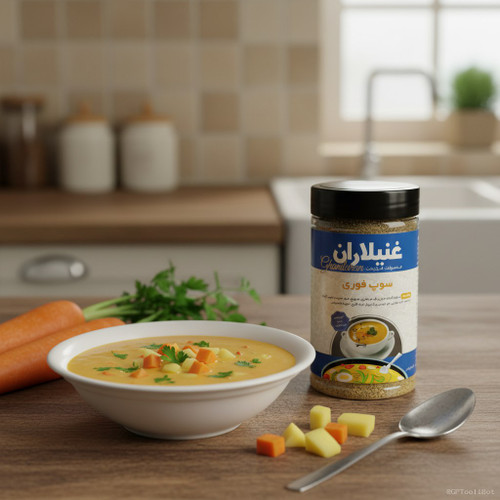 «سوپ فوری با عصاره قلم گاو و سبزیجات تازه، غذای سالم و مقوی برای کودکان و بزرگسالان، سرشار از انرژی و مواد مغذی.»